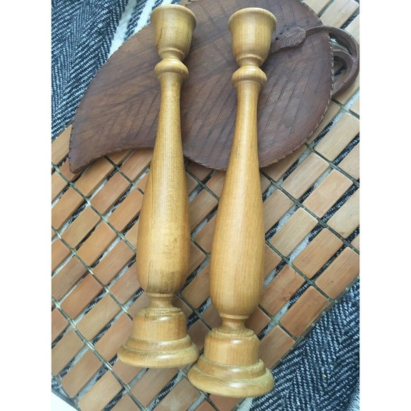 Vintage mcm candlesticks turned wood scroll 11" tapered candle holders - Picture 6 of 10